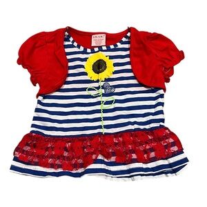 S.W.A.K. Girls 5/6 Red Shrug Navy Striped Sunflower Top with Lace Hem